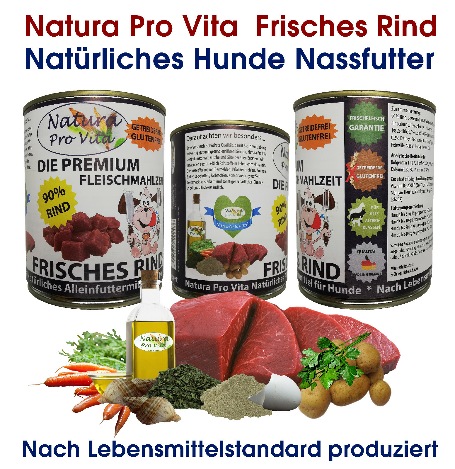Hundefutter getreidefrei glutenfrei  90% Rind Nassfutter NaturaProVita 6x 800g