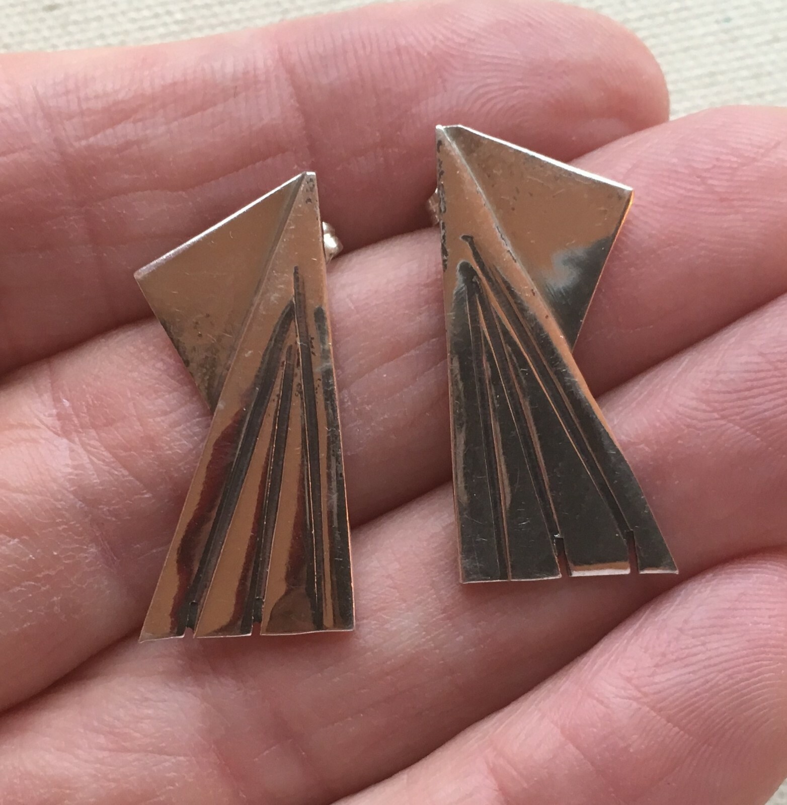 Vintage Southwest Pyramid Earring Origami Etched Abstract 1.25