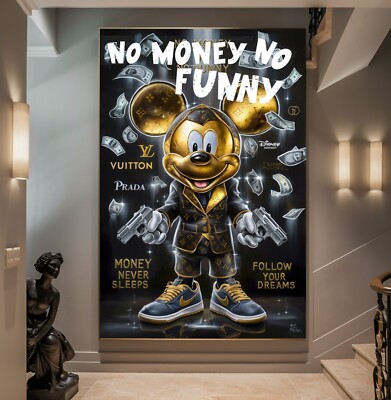 LEINWAND BILDER BIS 155x100x5 MICKY-MAUS NO-MONEY-NO-FUNNY CARTOON POP-ART COMIC