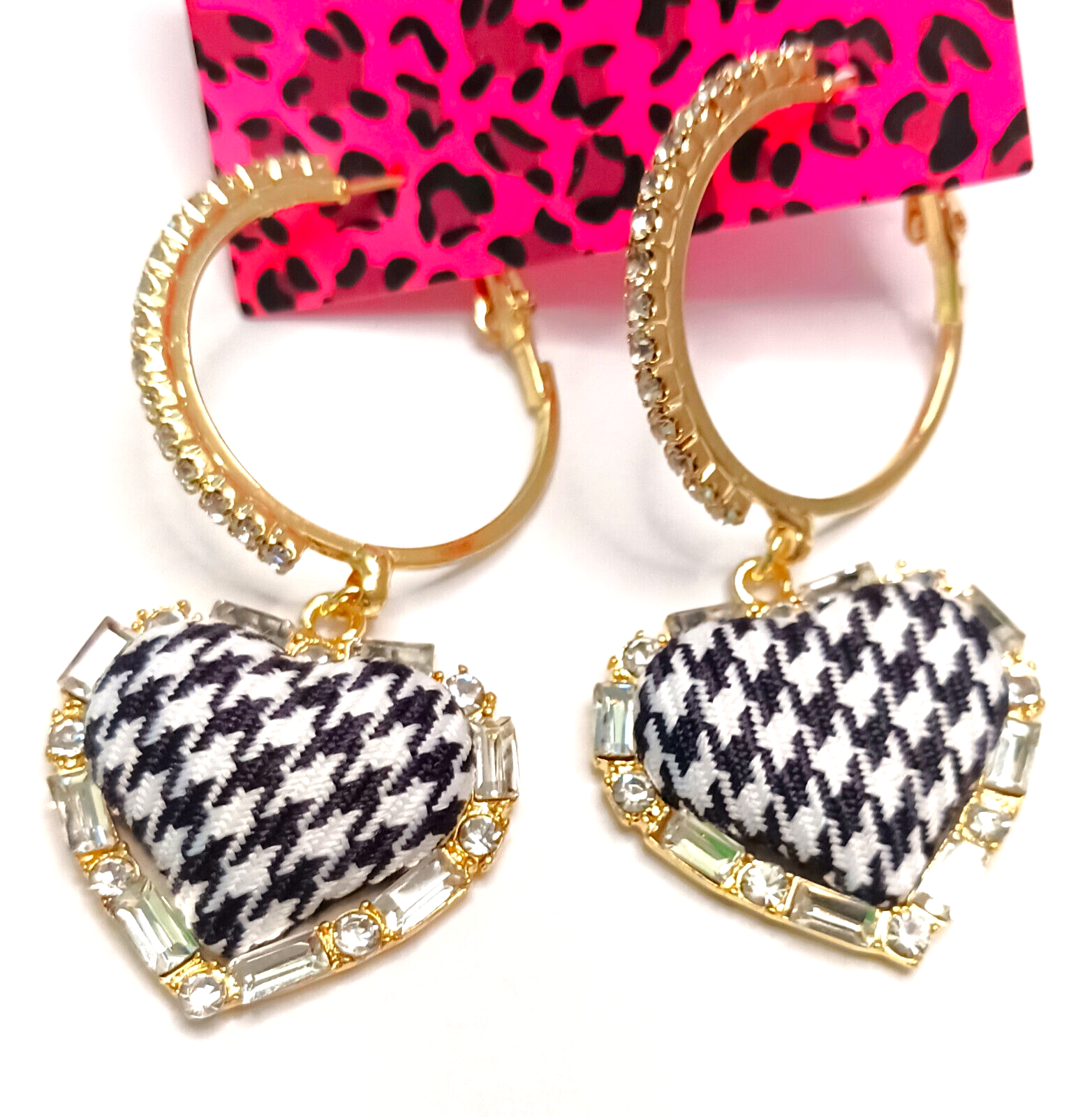 Classy HOUNDSTOOTH Black White HEART Rhinestone Betsey Johnson Dangle Earrings