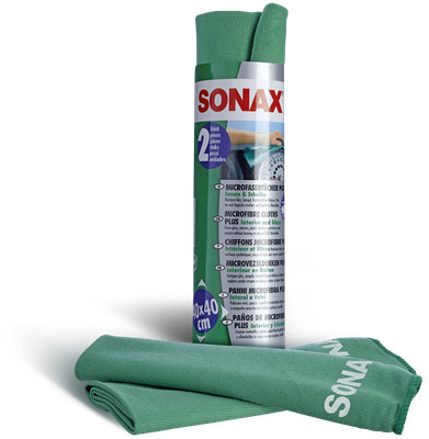 SONAX MicrofaserTücher Mikrofasertuch PLUS Innen & Scheibe 40 x 40 cm (2er Pack)