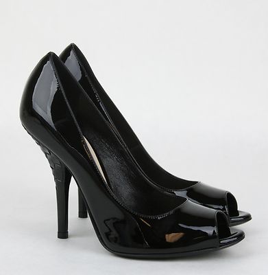 Pre-owned Bottega Veneta $660  Patent Leather Woven Peep Toe Pump Black 322714 1000