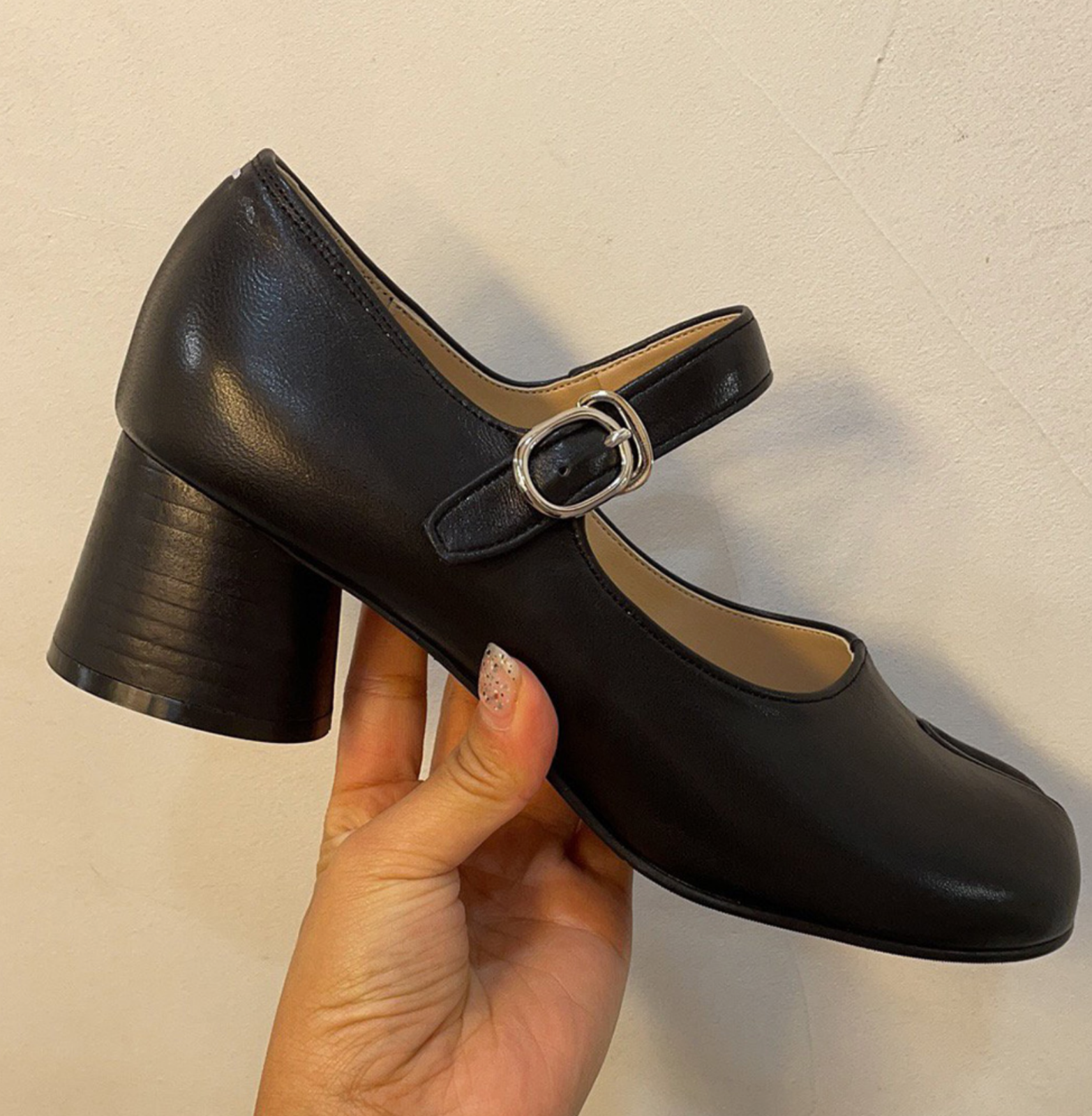 Pre-owned Handmade Women Cow Leather Tabi Heel Shoes Pumps Mary Jane Chuncky Heel Mid Roun In Black