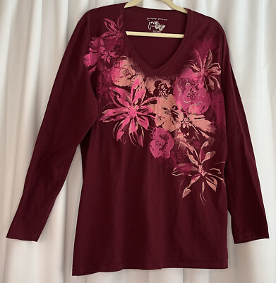 Just My Size Long Sleeve Maroon/Floral TShirt, Relaxed Fit, 2X/2XG (18W/20W)