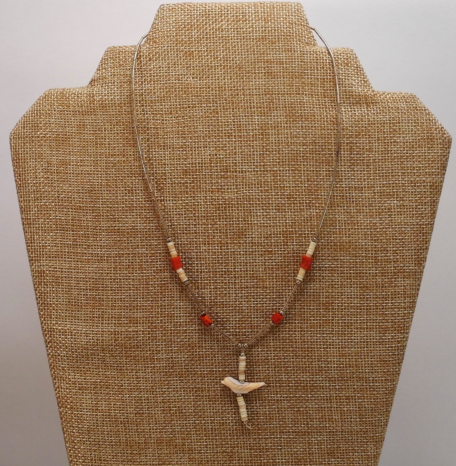 Vintage Sterling Silver Bird Fetish Necklace Coral American Native? Western Bone