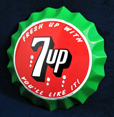 7-UP - *US MADE* Die-Cut Bottle Cap Shape Metal Sign - Man Cave Garage Bar Decor