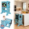 Coozyupper Toddler Kitchen Stool Helper, CPC Certified Foldable Toddler Tower, Learning Wooden Tower with Support Feet and Chalkboard, Anti-Drop Structure, Safe Design for Kids, Blue