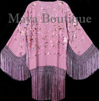 Pre-owned Maya Matazaro Embroidered Silk Fringe Jacket Kimono Strawberry Ice Multi Birds Flower Maya