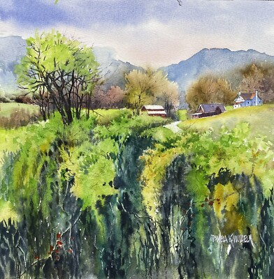 Pamela Wilhelm original 10 x10 Summer Farm Ravine Red Barn Green Watercolor