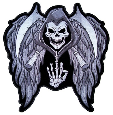 Grim Reaper Skull And Cross Scythes and Wings Middle Finger                    