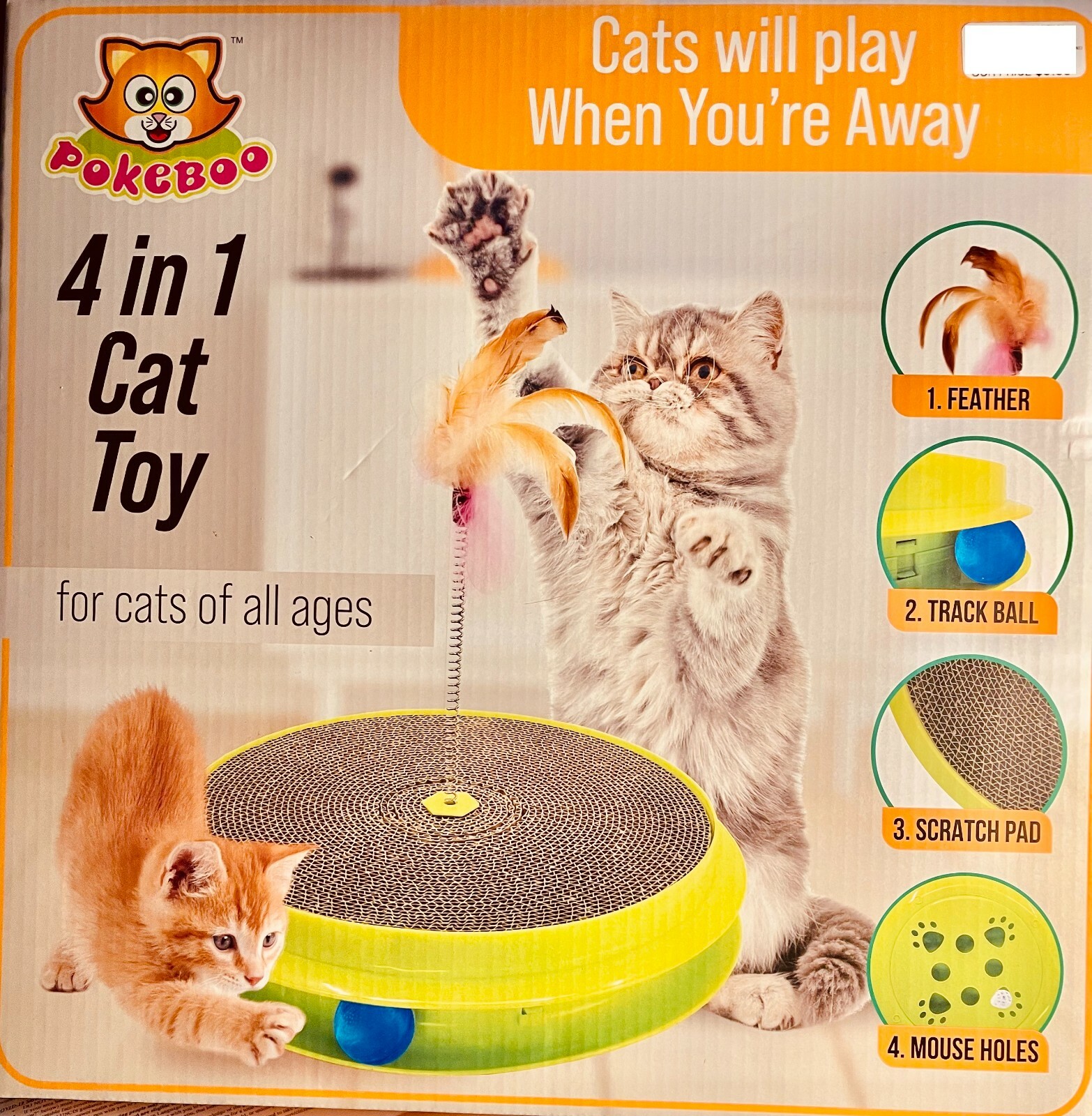 Pokeboo 4 in 1 Cat Toy For Cats of All Ages Feather Track Ball Scratch Pad