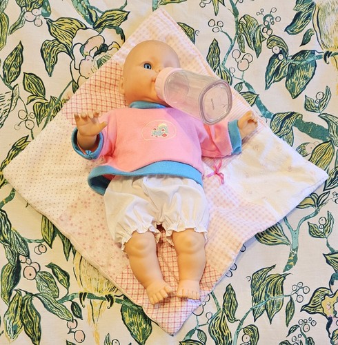 City Toy  14" Baby Doll Cloth Body Blue Eyes Open Mouth Bottle Blanket