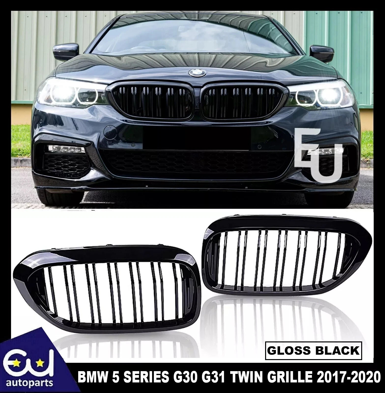GRILLE FOR BMW 5 SERIES G30 G31 KIDNEY DOUBLE SLAT M5 GRILL GLOSS BLACK 2017-20