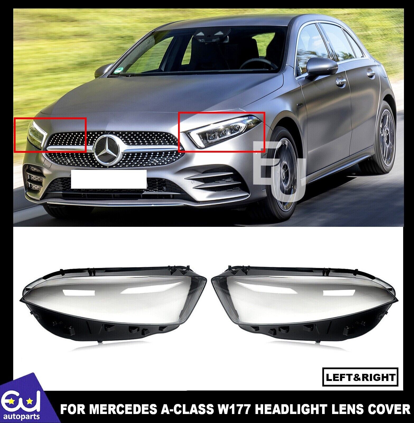LEFT RIGHT PAIR SET HEADLIGHT GLASS LENS COVER FOR MERCEDES A CLASS W177 18-2022