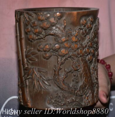 6.4'' Old Chinese Bamboo root Carving Dynasty Pine tree Brush pot Pen container