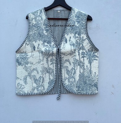 Handmade Cotton Quilted Jacket Jungle Printed Reversible Open Front Dori Vest