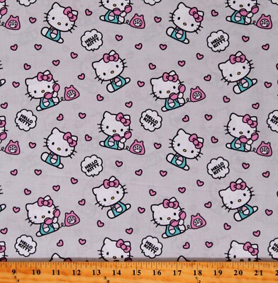 Cotton Hello Kitty Telephone Hearts Kids Gray Fabric Print by Yard D782.92