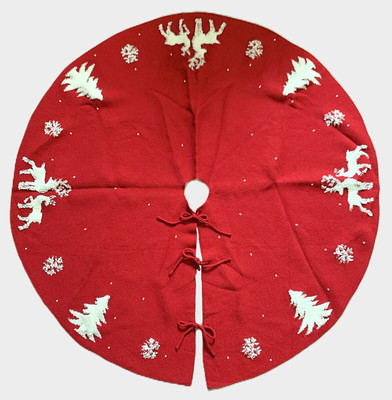 Red White Tree Skirt Unique Sweater Knit Loop Embroidery REINDEER TREES Ties 47''