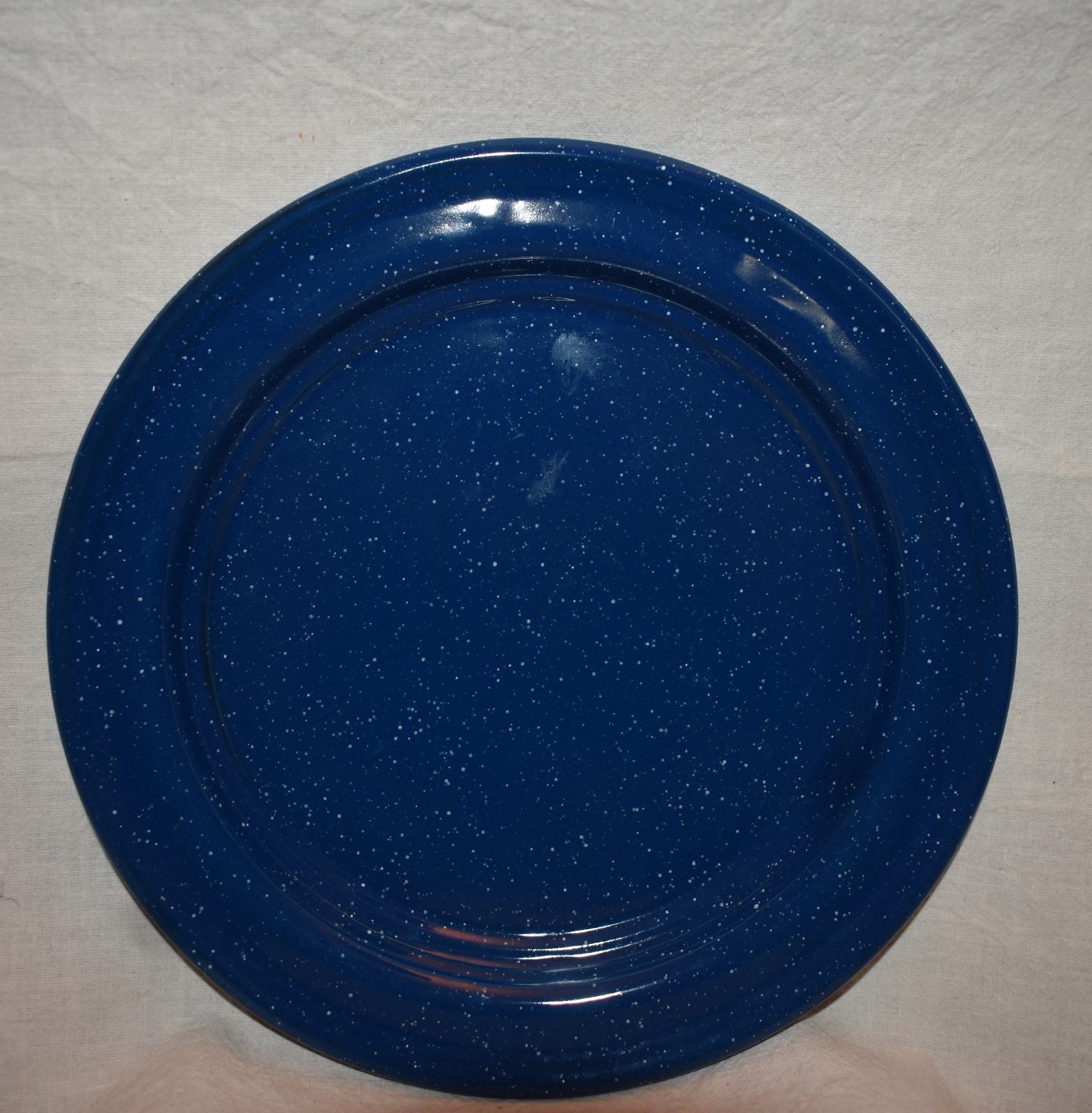 Blue Enamelware Plate and Coffee Cup white specks plate 8 5/8 in cup 3 7/8 tall