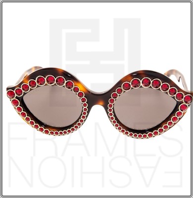 Pre-owned Gucci Crystal 0045 3867 Lips Cat Eye Havana Brown Red Stud Sunglasses Gg0045s