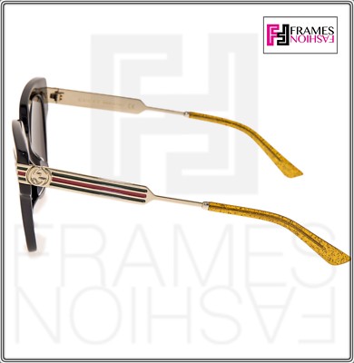 Pre-owned Gucci Web 0281 Gold Metal Etched Oversized Black Glitter Sunglasses Gg0281sa In Gray