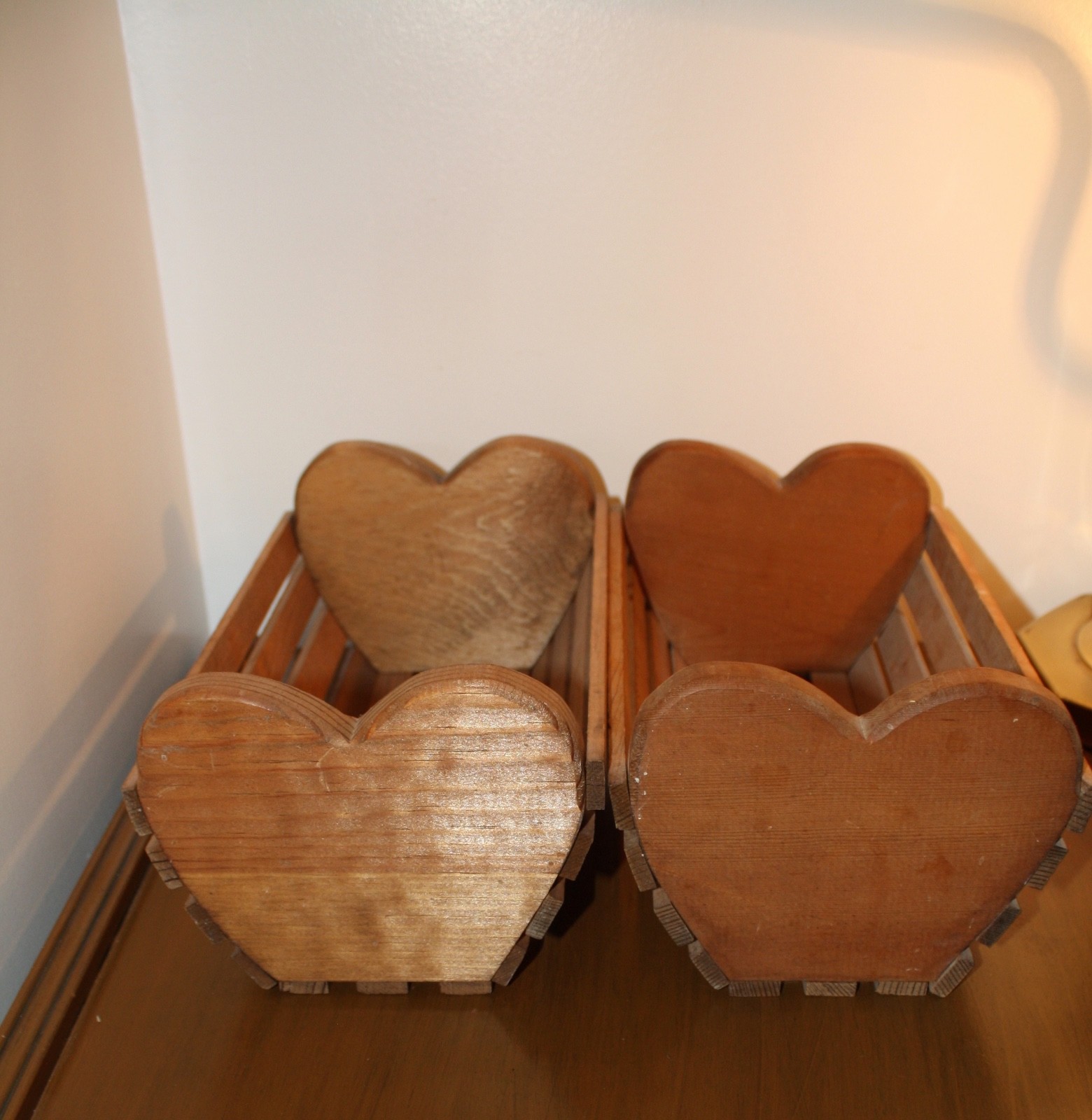Vintage Hard Wood Heart Shape Basket Slats Crate Style Valentine Deco Set of Two
