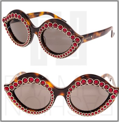 Pre-owned Gucci Crystal 0045 3867 Lips Cat Eye Havana Brown Red Stud Sunglasses Gg0045s