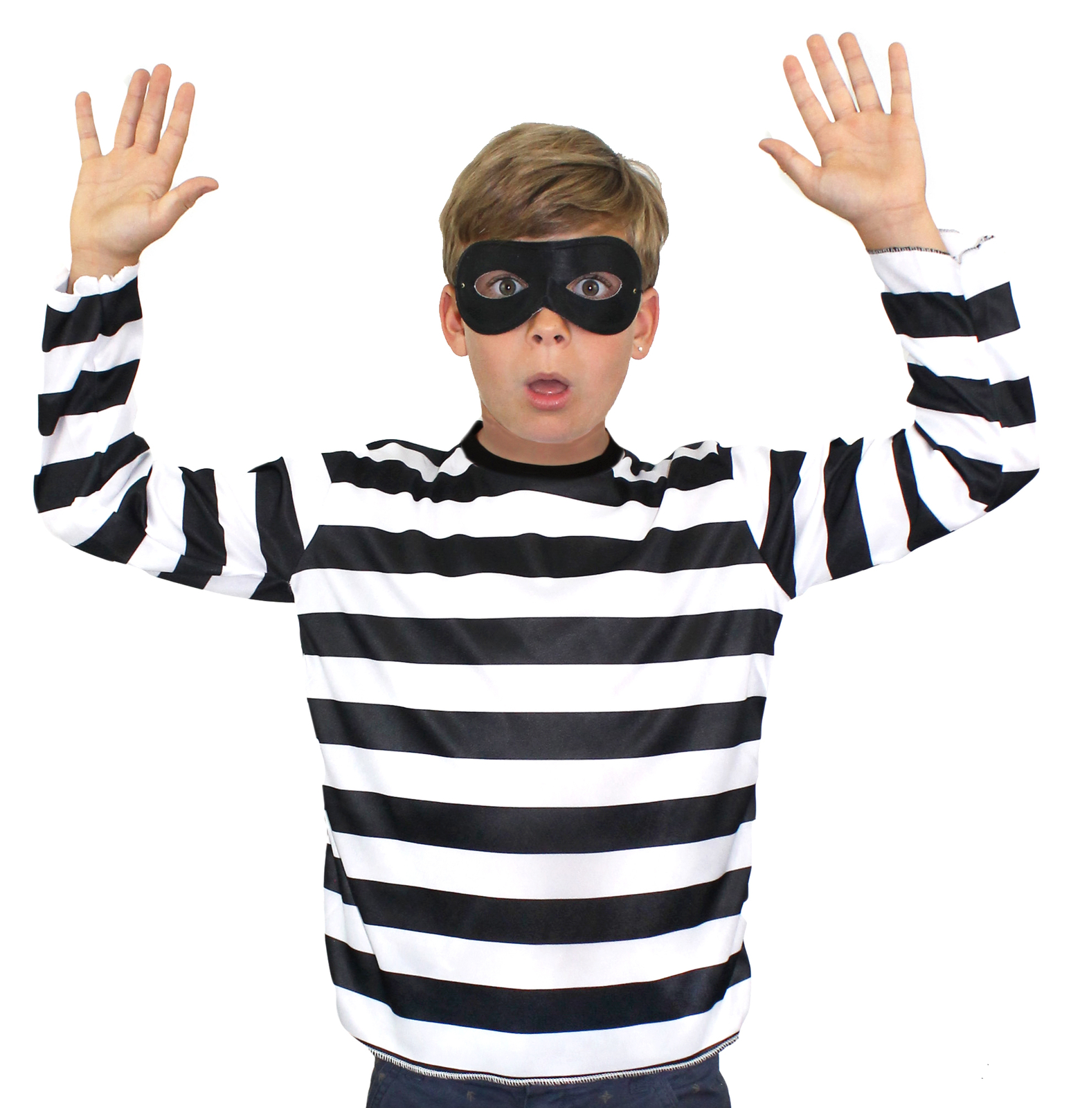 CHILD BURGLAR COSTUME FANCY DRESS ROBBER STRIPE TOP AND EYEMASK THIEF