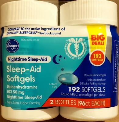 NEW SLEEP AID SOFT GELS 192ct-MAX STRENGTH HCI 50 mg compare to UNISOM EXP 2/26