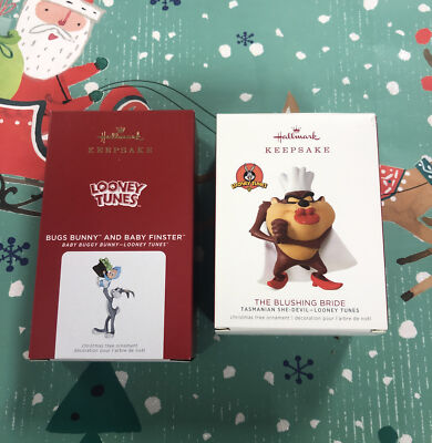 HALLMARK  BUGS BUNNY AND BABY FINSTER & TAZ THE BLUSHING BRIDE 2 ORNAMENTS NEW