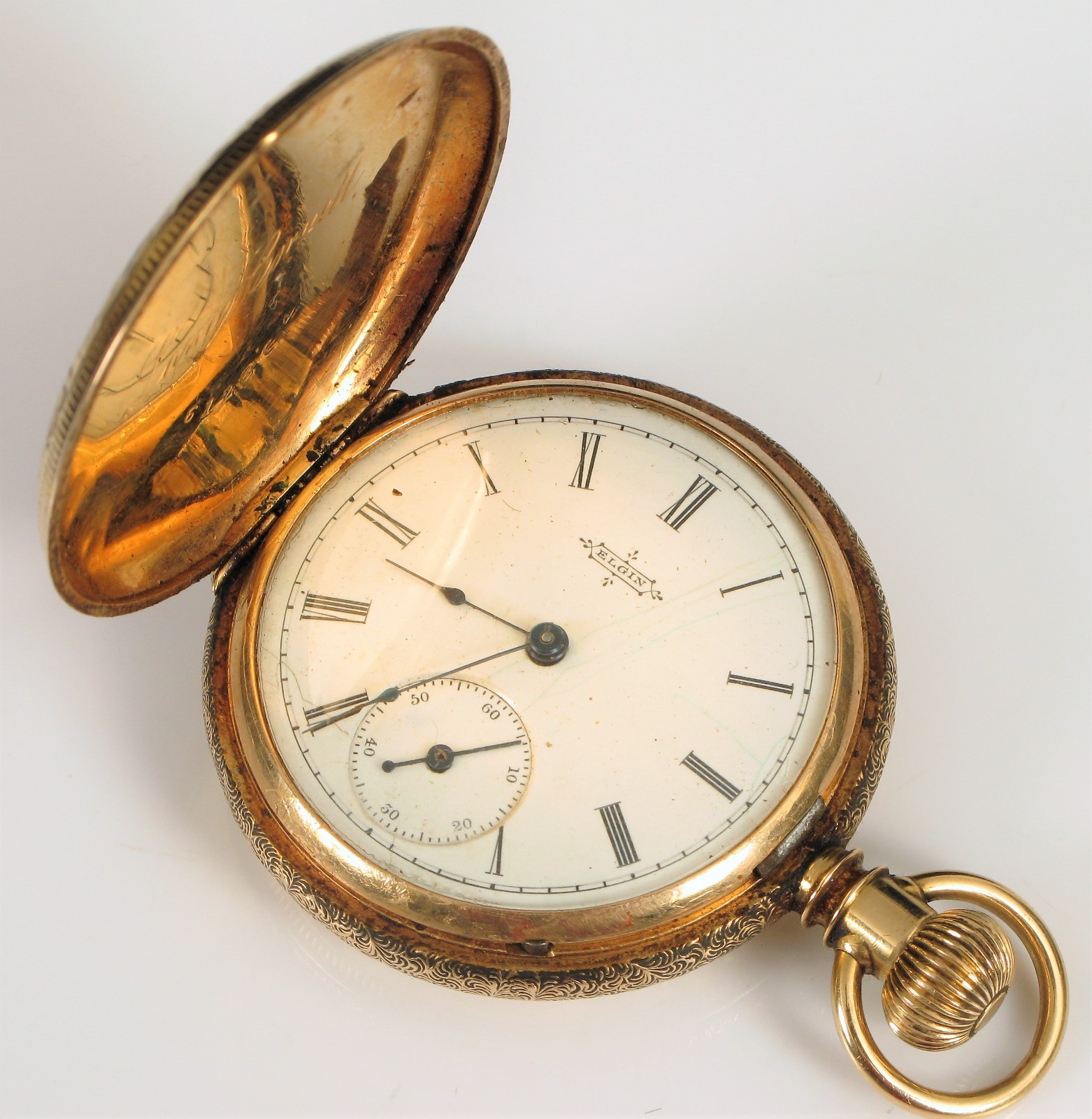VINTAGE 14K SOLID GOLD ELGIN POCKET WATCH BWC CO HUNTER CASE FINE CHASED RUNNING