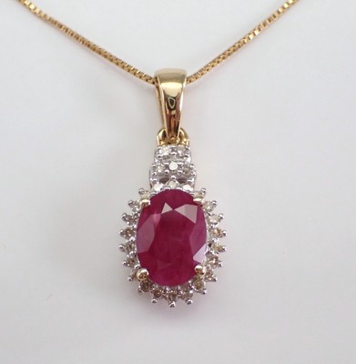 Yellow Gold Diamond and Ruby Halo Pendant Necklace 18'' Chain July Birthday Gift