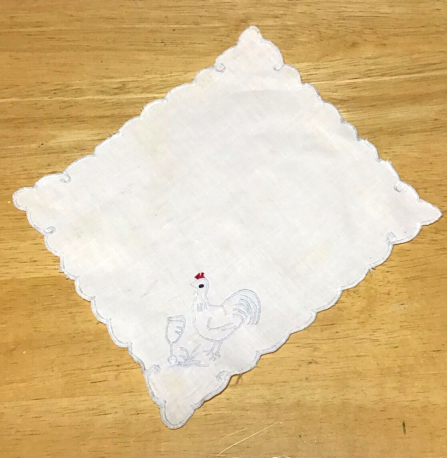 VINTAGE 4 MADEIRA ROOSTER COCKTAIL NAPKINS & ONE COASTER, BLUE EMBROIDERY