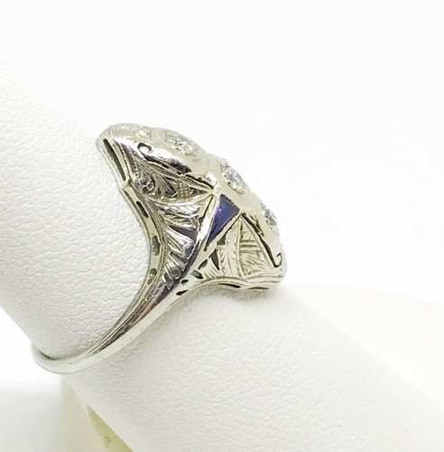 Antique Art Deco Ring Natural Diamond Sapphire 18k White Gold Size 6.5