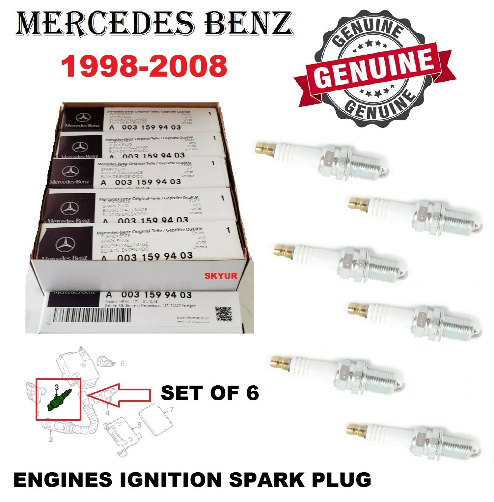 Mercedes Spark Plug Set of 6 For C,CL,CLK,CLS,E,G,ML,R,S,SL