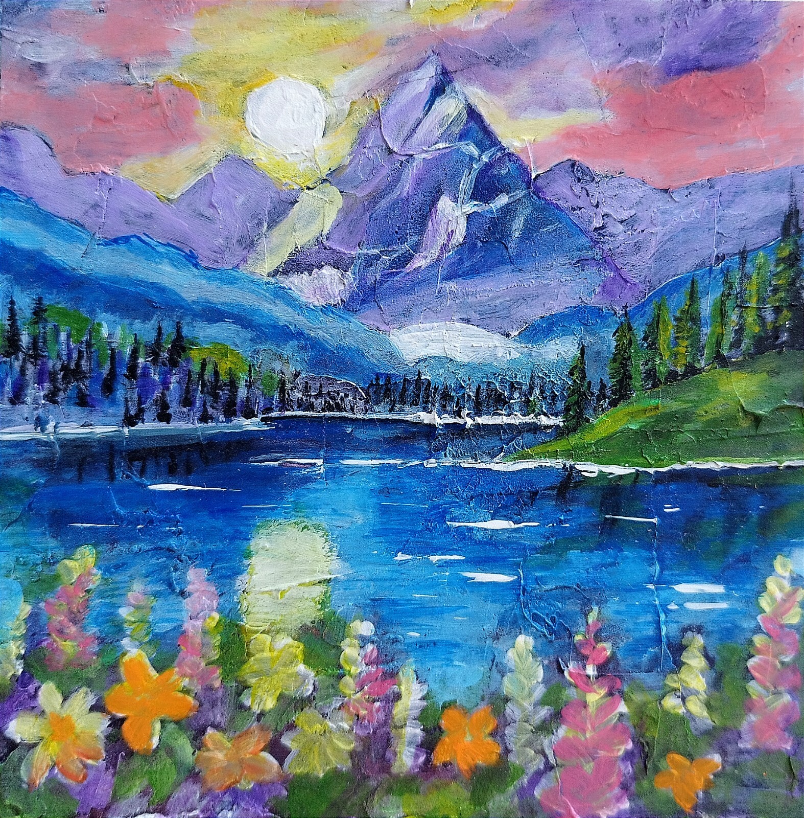 Mountains lake sunset original painting Landscape flowers