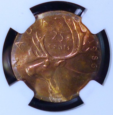 1986 CANADA 25C MINT ERROR MS 62 RD STRUCK ON 1C PLANCHET (2.53g)
