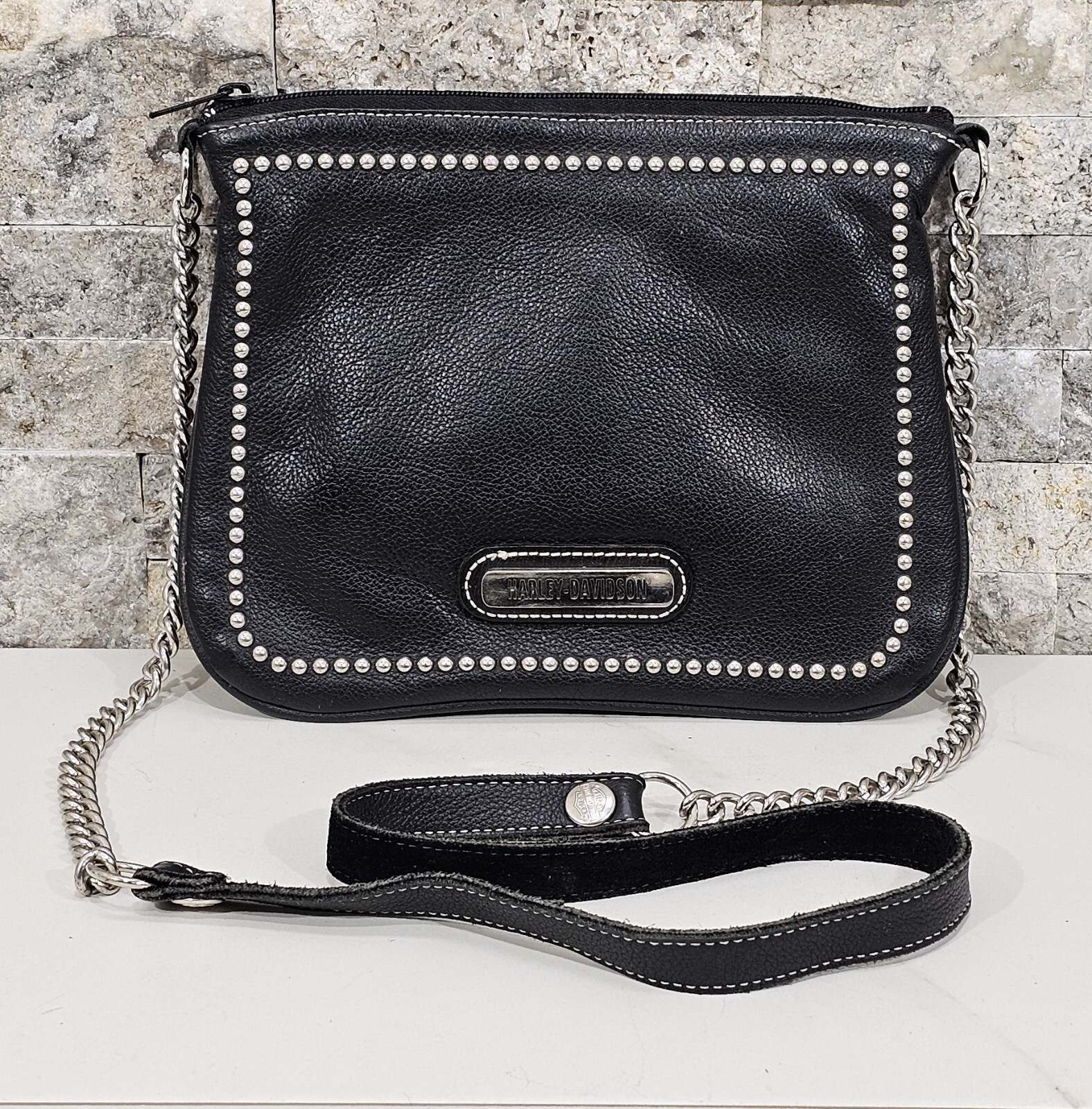 Vintage Harley Davidson Black Leather Crossbody Bag Silver Vintage Harley Davidson Black Leather Crossbody Bag Silver