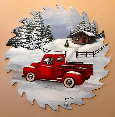 Hand Painted RED CHRISTMAS TRUCK #2 style saw blade 10''  local artist