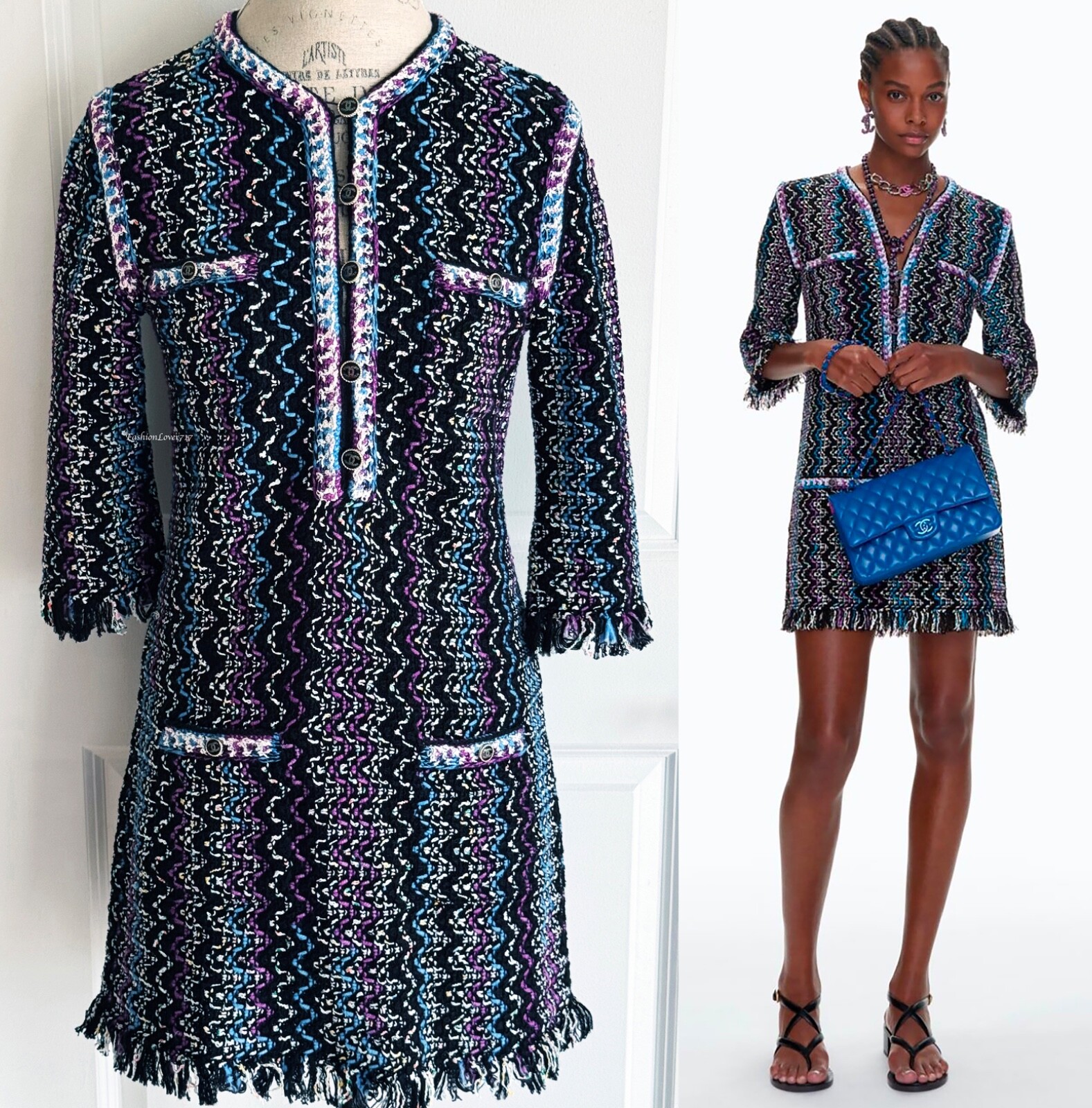 CHANEL 22P BLACK PURPLE BLUE MULTICOLOR KNIT FRINGE MINI