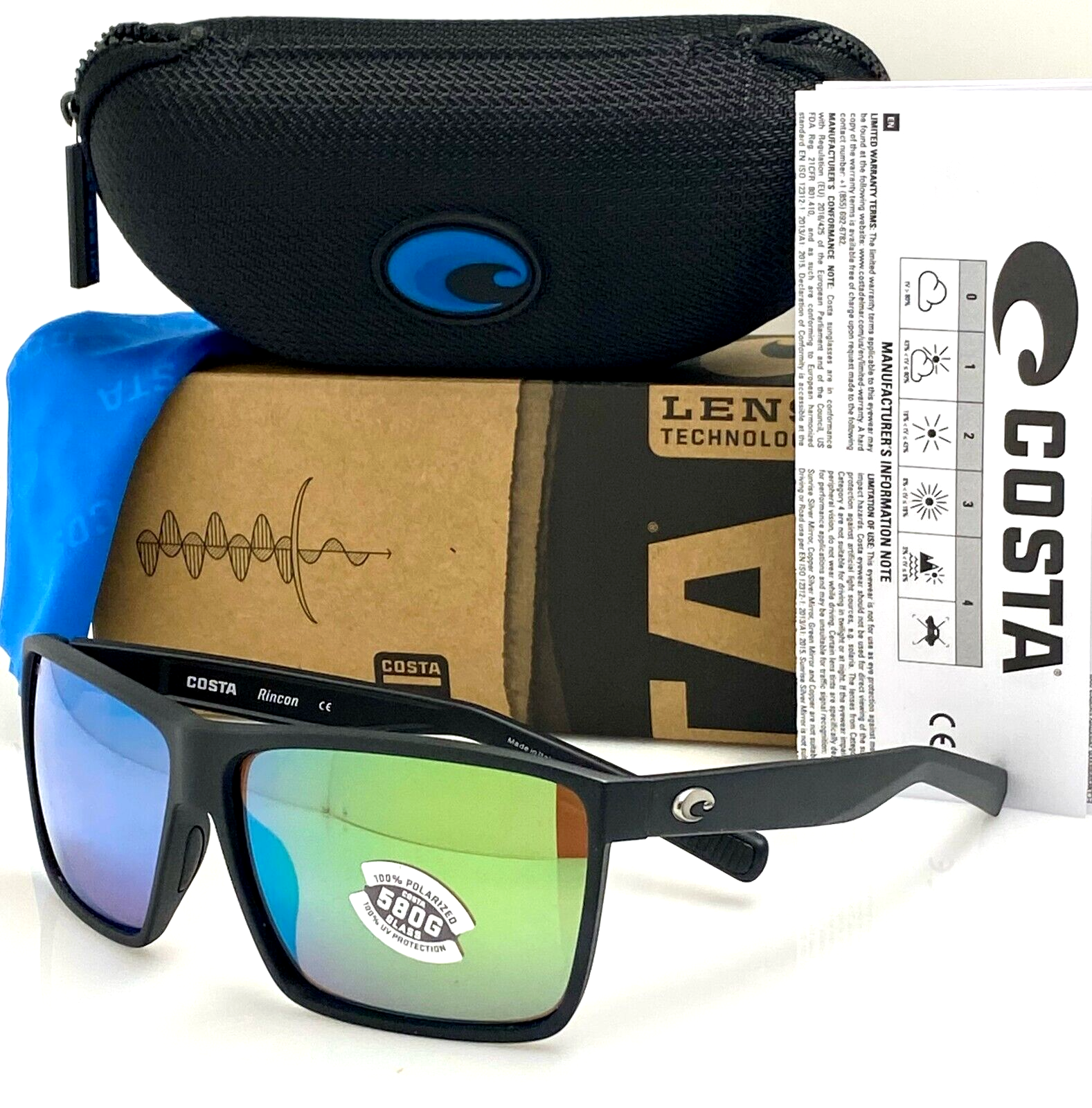 Pre-owned Costa Del Mar Rincon Black Polarized Green Mirror 580 Glass Sunglass 06s9018