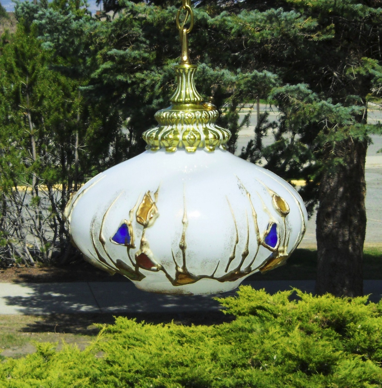 Vintage Swag Lamp UFO Flying Saucer Colorful Glass Globe