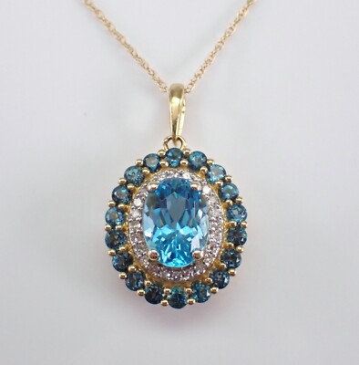 Yellow Gold Diamond and Blue Topaz Halo Pendant Necklace Choker Chain Jewelry