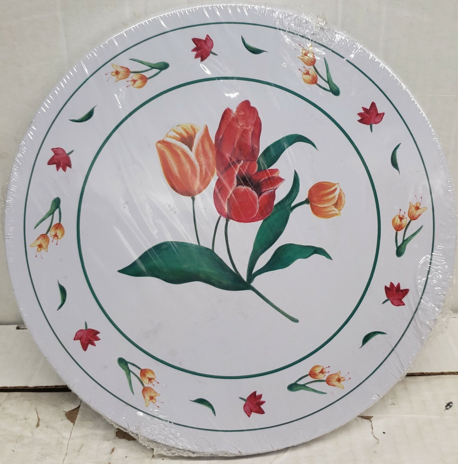 SET OF 4 TIN STEEL STOVETOP BURNER COVERS (2-10",2-8") FLOWERS, TULIPS, MBR