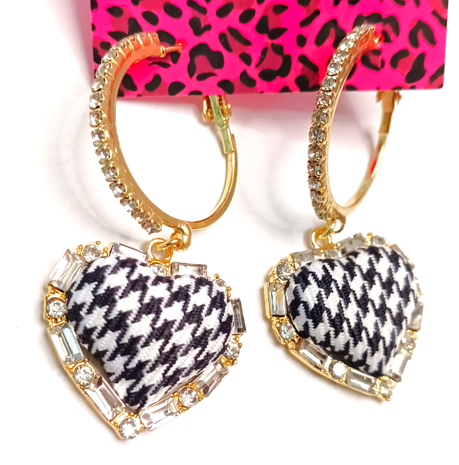 Classy HOUNDSTOOTH Black White HEART Rhinestone Betsey Johnson Dangle Earrings