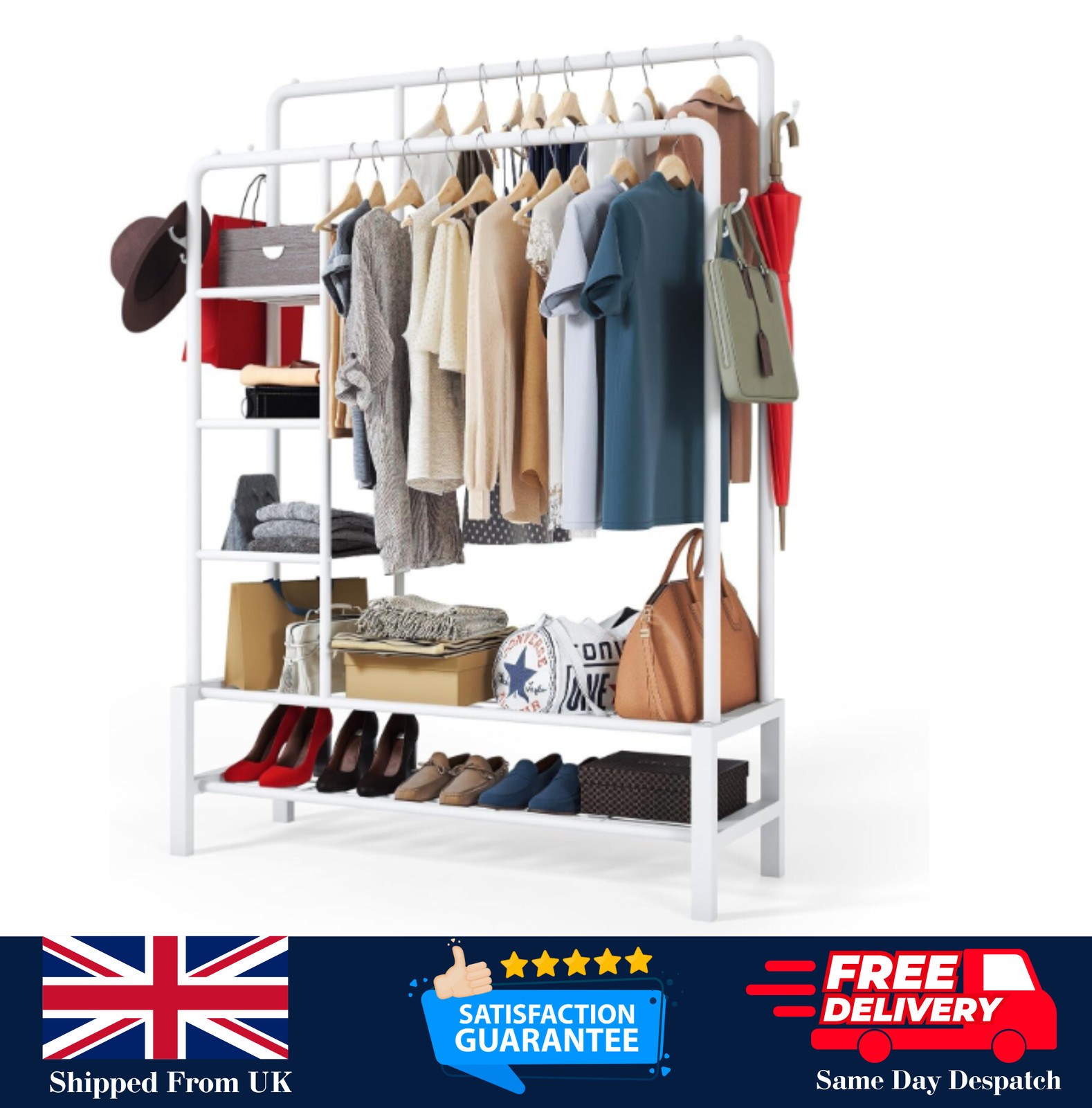 120KG Heavy Duty Clothes Rail Garment Shoe Rack 2Hanging Rods 4 Storage Shelves