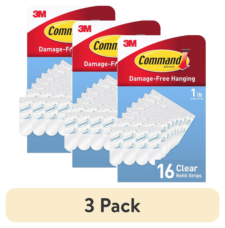 (3 Pack)  Small Clear Refill Strips for  Clear Small Indoor Hooks