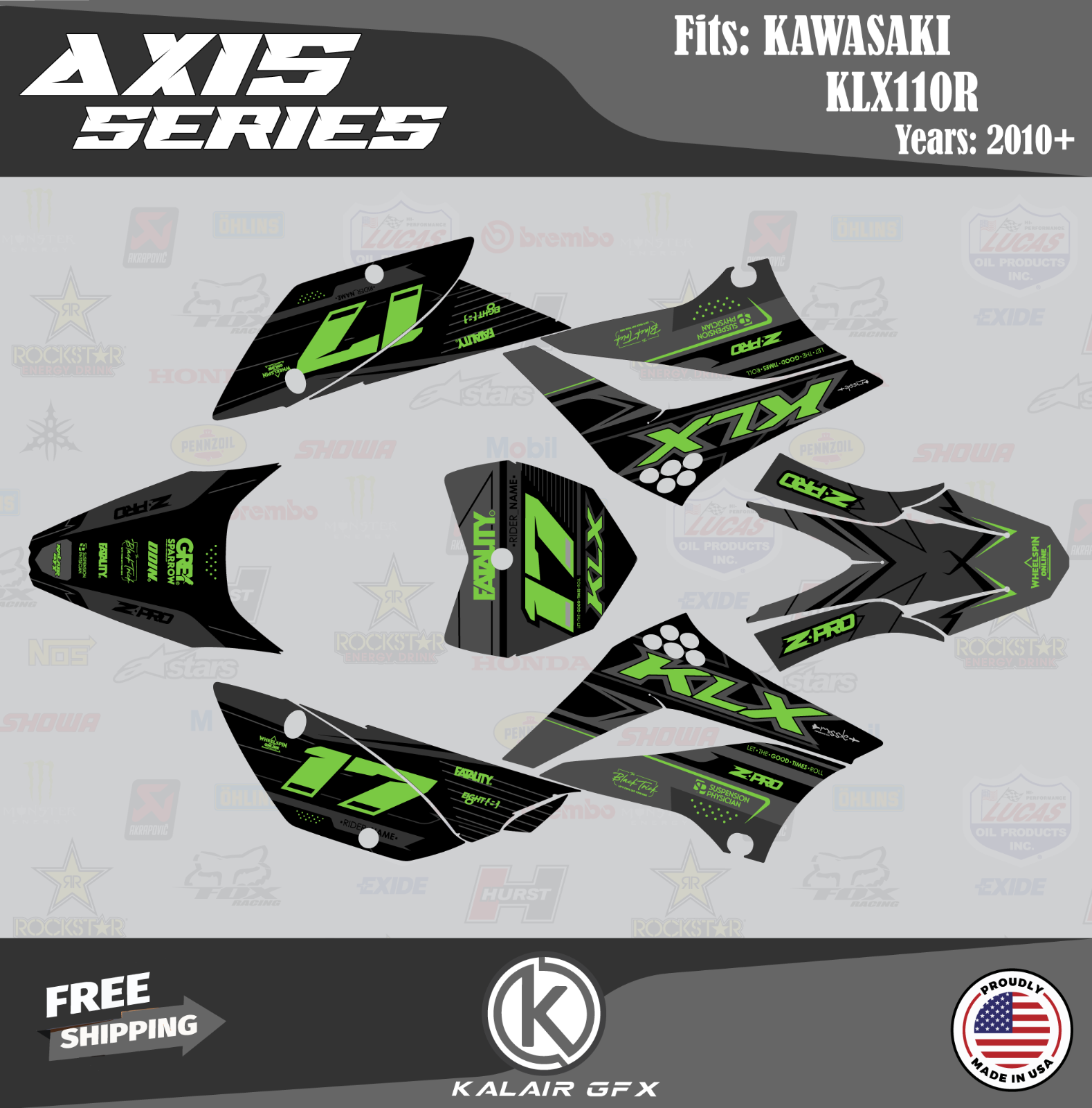 Graphics Kit for Kawasaki KLX110 KLX110R/RL (2010-2024) Axis - Green Shift