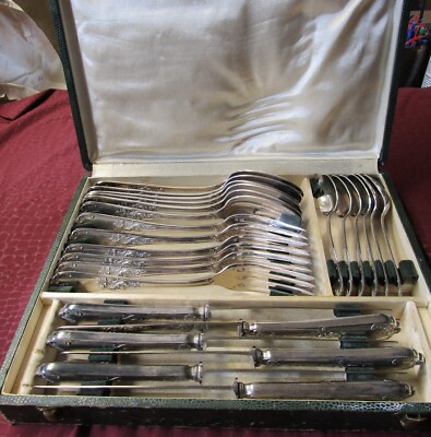 LE MONDIAL Antique Silverplate 24 Pc Dinner Set Fitted Case Rococo Never Used?