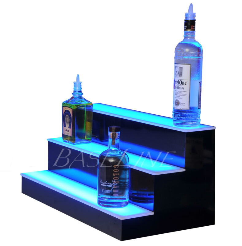25" LED LIGHTED BAR SHELF, Three Step Liquor Bottle Glorifier, Back Bar Shelving